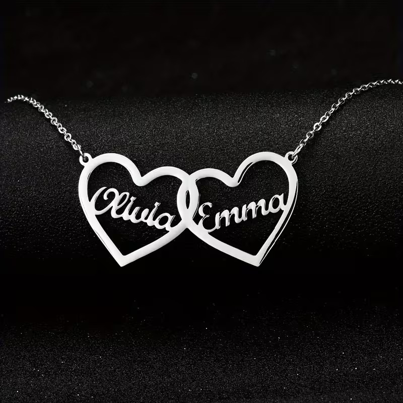 Custom Double Hearts Two Name  - Men Accessories Neck Chain 评论和价格